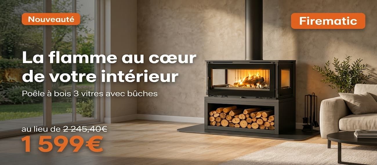 d&eacute;couvrez le po&ecirc;le &agrave; bois 3 faces vitr&eacute;es Calgary de la marque Firematic en promotion chez PoeleDiscount